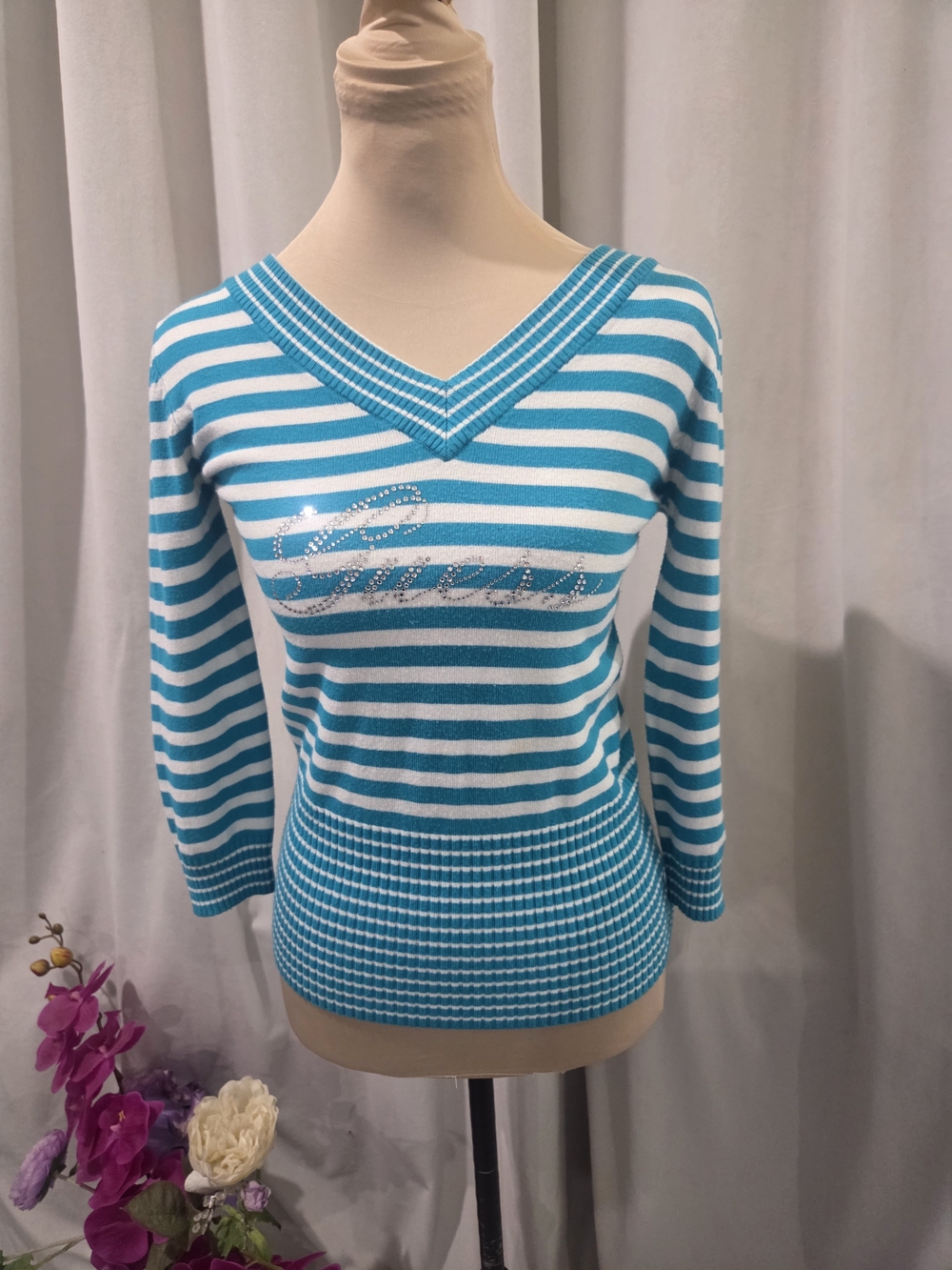 Y2K Guess Turquoise & White Striped V-Neck Sweater with Rhinestone Script